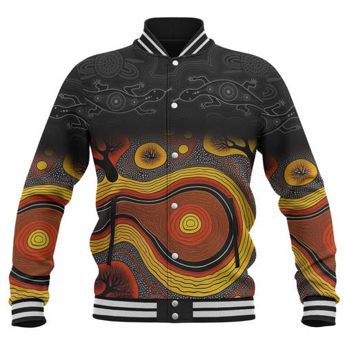 Australia Aboriginal Custom Baseball Jacket - Dreaming Trees And Goanna In Dot Pattern Baseball Jacket