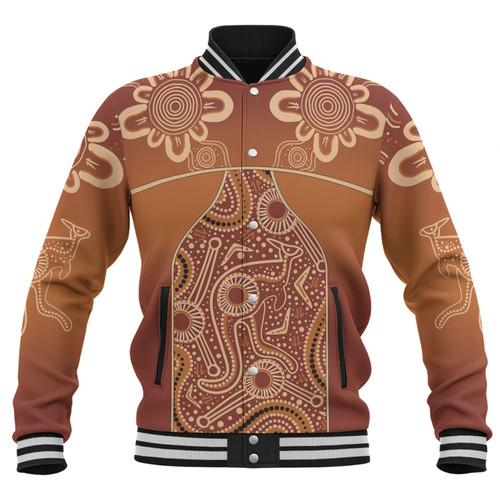 Australia Aboriginal Custom Baseball Jacket - Brown Kangaroo In Aboriginal Dot Art Baseball Jacket