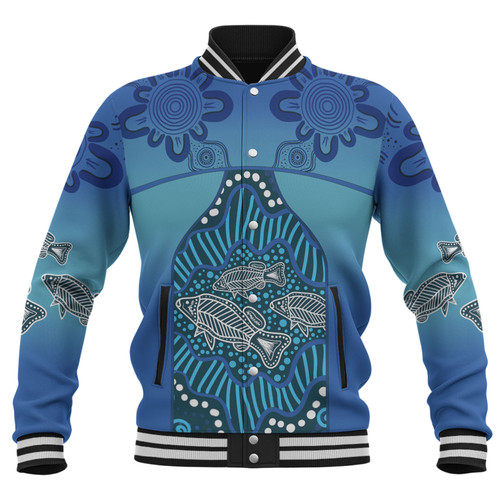 Australia Aboriginal Custom Baseball Jacket - Blue Aboriginal Dot With Fish Baseball Jacket