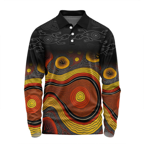 Australia Aboriginal Custom Long Sleeve Polo Shirt - Dreaming Trees And Goanna In Dot Pattern Long Sleeve Polo Shirt