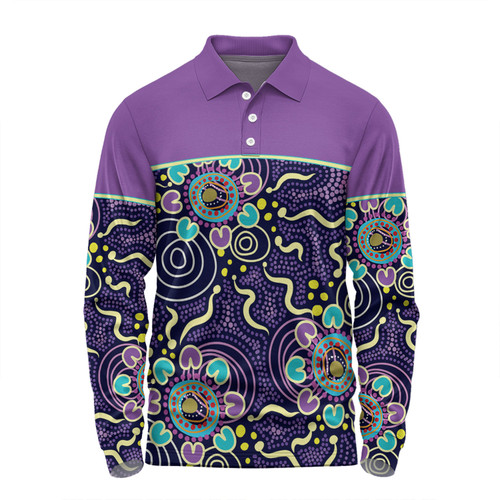 Australia Aboriginal Custom Long Sleeve Polo Shirt - Purple Painting With Aboriginal Inspired Dot Long Sleeve Polo Shirt