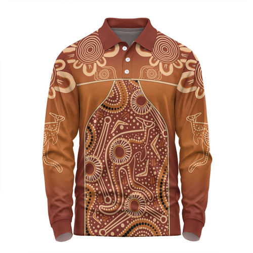 Australia Aboriginal Custom Long Sleeve Polo Shirt - Brown Kangaroo In Aboriginal Dot Art Long Sleeve Polo Shirt