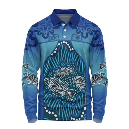 Australia Aboriginal Custom Long Sleeve Polo Shirt - Blue Aboriginal Dot With Fish Long Sleeve Polo Shirt