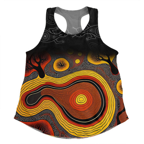 Australia Aboriginal Custom Women Racerback Singlet - Dreaming Trees And Goanna In Dot Pattern Women Racerback Singlet