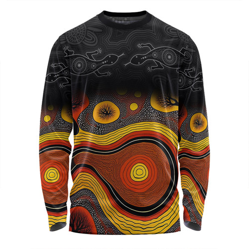 Australia Aboriginal Custom Long Sleeve T-shirt - Dreaming Trees And Goanna In Dot Pattern Long Sleeve T-shirt