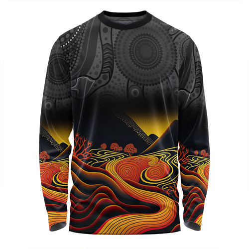 Australia Aboriginal Custom Long Sleeve T-shirt - Rainbow Serpent Dreamtime Land Art Inspired Long Sleeve T-shirt