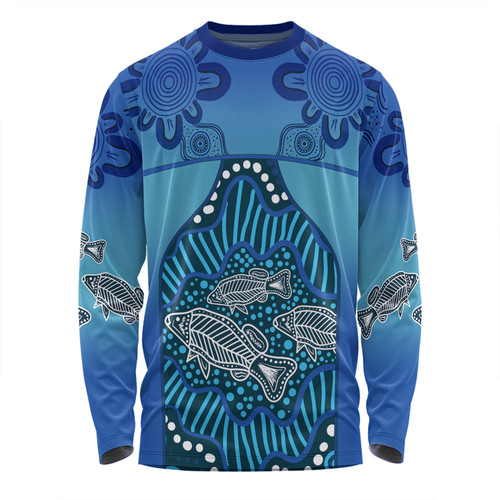 Australia Aboriginal Custom Long Sleeve T-shirt - Blue Aboriginal Dot With Fish Long Sleeve T-shirt