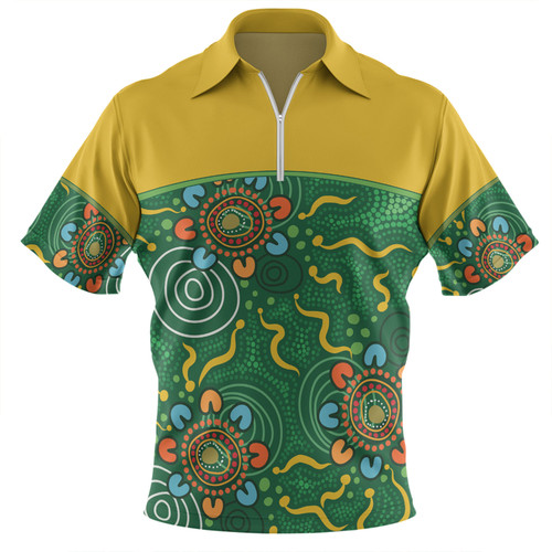 Australia Aboriginal Custom Zip Polo Shirt - Green Painting With Aboriginal Inspired Dot Zip Polo Shirt