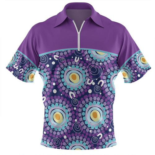 Australia Aboriginal Custom Zip Polo Shirt - Purple Abstract Seamless Pattern With Aboriginal Inspired Zip Polo Shirt