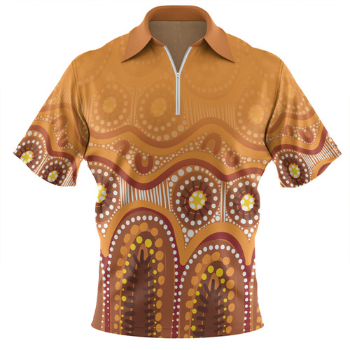 Australia Aboriginal Custom Zip Polo Shirt - Brown Aboriginal Dot Zip Polo Shirt