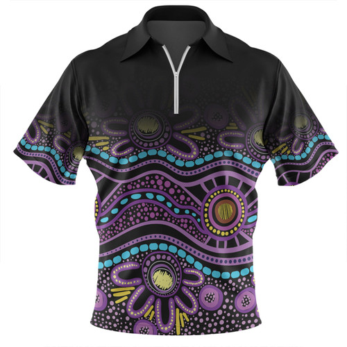 Australia Aboriginal Custom Zip Polo Shirt - Purple Dot In Aboriginal Style Zip Polo Shirt