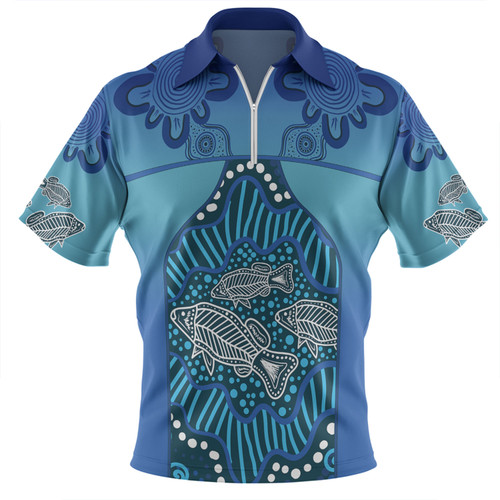 Australia Aboriginal Custom Zip Polo Shirt - Blue Aboriginal Dot With Fish Zip Polo Shirt