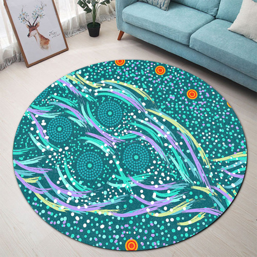 Australia Aboriginal Round Rug - Turquoise Dot Dreamtime Round Rug