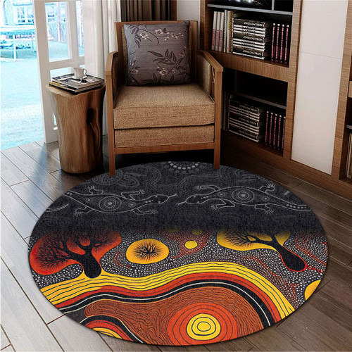 Australia Aboriginal Round Rug - Dreaming Trees And Goanna In Dot Pattern Round Rug