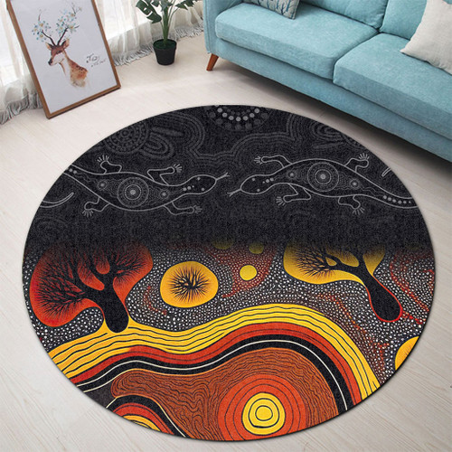 Australia Aboriginal Round Rug - Dreaming Trees And Goanna In Dot Pattern Round Rug