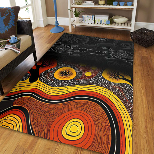 Australia Aboriginal Area Rug - Dreaming Trees And Goanna In Dot Pattern Area Rug Australia Aboriginal Area Rug - Dreaming Trees And Goanna In Dot Pattern Area Rug