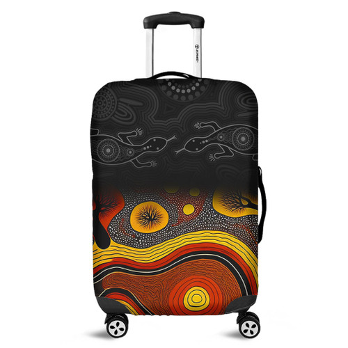 Australia Aboriginal Luggage Cover - Dreaming Trees And Goanna In Dot Pattern Luggage Cover
