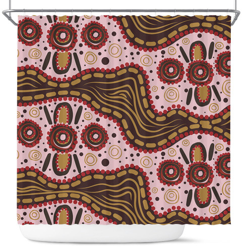 Australia Aboriginal Shower Curtain - Aboriginal Inspired With Pink Background Shower Curtain Australia Aboriginal Shower Curtain - Aboriginal Inspired With Pink Background Shower Curtain