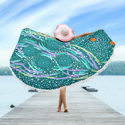 Australia Aboriginal Beach Blanket - Turquoise Dot Dreamtime Beach Blanket Australia Aboriginal Beach Blanket - Turquoise Dot Dreamtime Beach Blanket