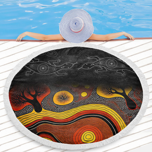 Australia Aboriginal Beach Blanket - Dreaming Trees And Goanna In Dot Pattern Beach Blanket