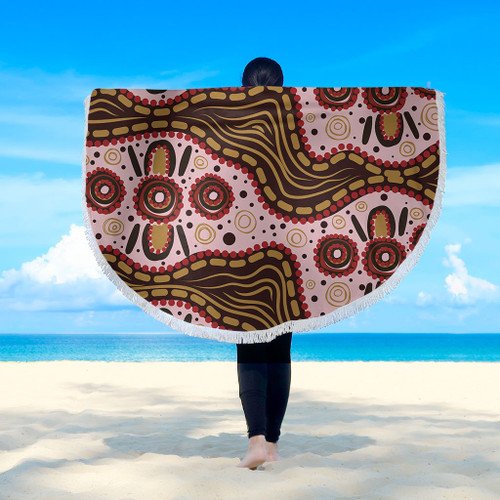 Australia Aboriginal Beach Blanket - Aboriginal Inspired With Pink Background Beach Blanket Australia Aboriginal Beach Blanket - Aboriginal Inspired With Pink Background Beach Blanket