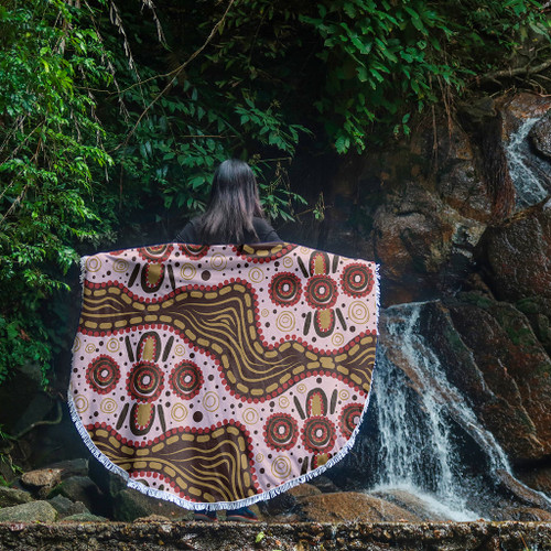 Australia Aboriginal Beach Blanket - Aboriginal Inspired With Pink Background Beach Blanket Australia Aboriginal Beach Blanket - Aboriginal Inspired With Pink Background Beach Blanket