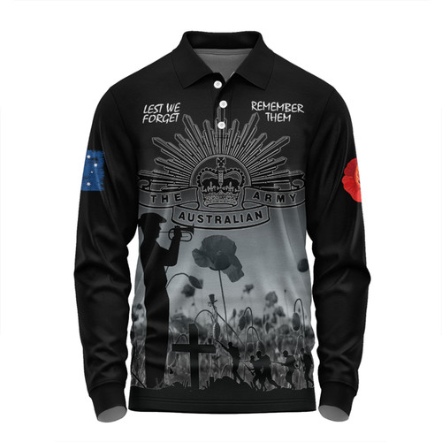 Australia Anzac Day Long Sleeve Polo Shirt - Lest We Forget Black Long Sleeve Polo Shirt