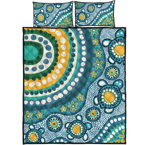 Australia Aboriginal Quilt Bed Set - Turquoise Aboriginal Dot Art With Turtle  Quilt Bed Set Australia Aboriginal Quilt Bed Set - Turquoise Aboriginal Dot Art With Turtle  Quilt Bed Set