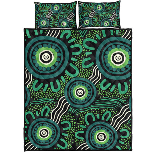 Australia Aboriginal Quilt Bed Set - Green Aboriginal Dot Art Background Quilt Bed Set Australia Aboriginal Quilt Bed Set - Green Aboriginal Dot Art Background Quilt Bed Set