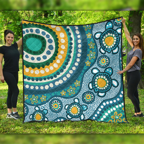 Australia Aboriginal Quilt - Turquoise Aboriginal Dot Art With Turtle  Quilt