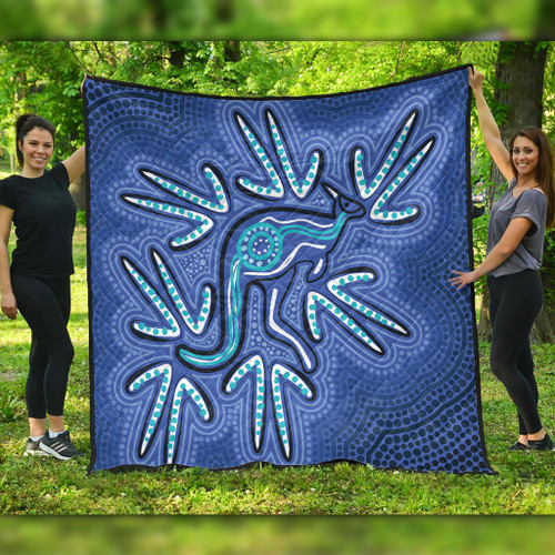 Australia Aboriginal Quilt - Blue Aboriginal Style Of Dot Kangaroo Artwork  Quilt Australia Aboriginal Quilt - Blue Aboriginal Style Of Dot Kangaroo Artwork  Quilt