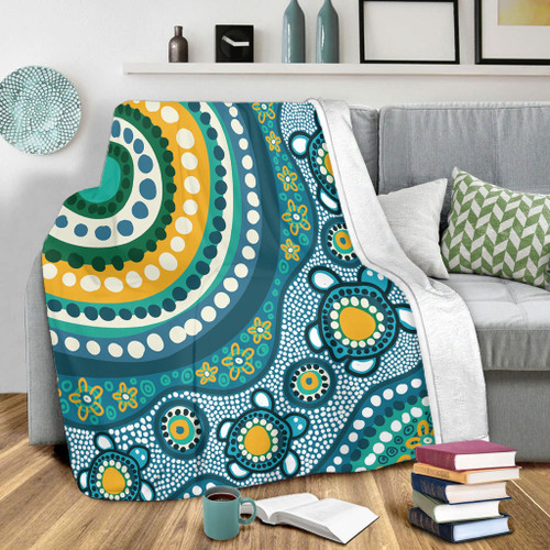 Australia Aboriginal Blanket - Turquoise Aboriginal Dot Art With Turtle  Blanket Australia Aboriginal Blanket - Turquoise Aboriginal Dot Art With Turtle  Blanket
