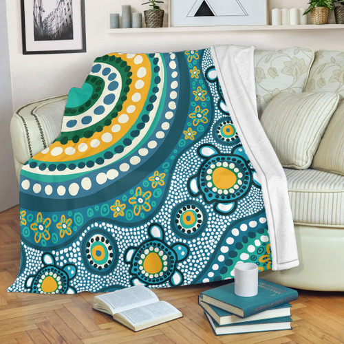 Australia Aboriginal Blanket - Turquoise Aboriginal Dot Art With Turtle  Blanket Australia Aboriginal Blanket - Turquoise Aboriginal Dot Art With Turtle  Blanket