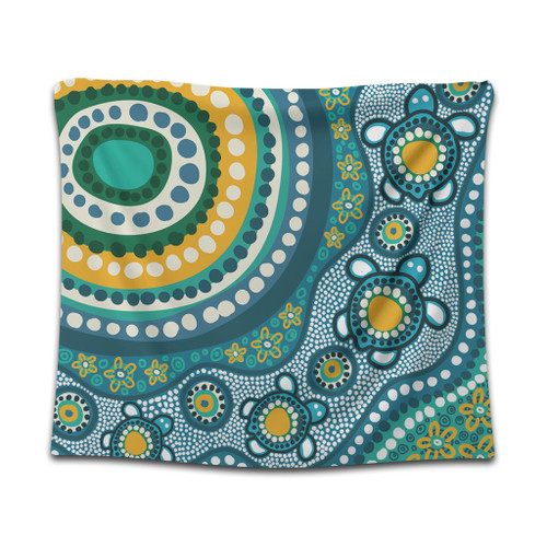Australia Aboriginal Tapestry - Turquoise Aboriginal Dot Art With Turtle  Tapestry Australia Aboriginal Tapestry - Turquoise Aboriginal Dot Art With Turtle  Tapestry