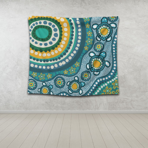 Australia Aboriginal Tapestry - Turquoise Aboriginal Dot Art With Turtle  Tapestry Australia Aboriginal Tapestry - Turquoise Aboriginal Dot Art With Turtle  Tapestry
