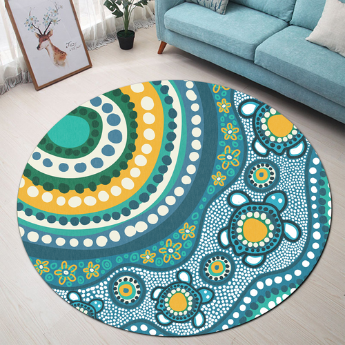 Australia Aboriginal Round Rug - Turquoise Aboriginal Dot Art With Turtle  Round Rug