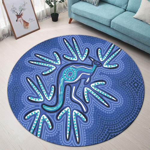 Australia Aboriginal Round Rug - Blue Aboriginal Style Of Dot Kangaroo Artwork  Round Rug