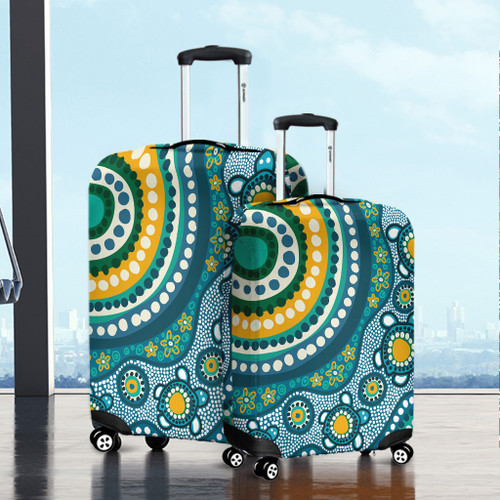 Australia Aboriginal Luggage Cover - Turquoise Aboriginal Dot Art With Turtle  Luggage Cover