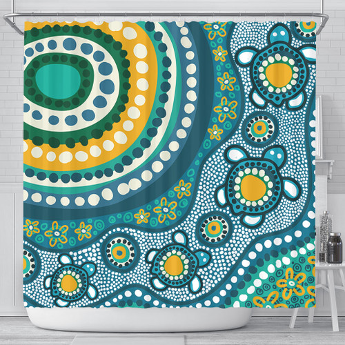 Australia Aboriginal Shower Curtain - Turquoise Aboriginal Dot Art With Turtle  Shower Curtain