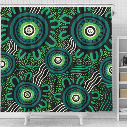 Australia Aboriginal Shower Curtain - Green Aboriginal Dot Art Background Shower Curtain Australia Aboriginal Shower Curtain - Green Aboriginal Dot Art Background Shower Curtain