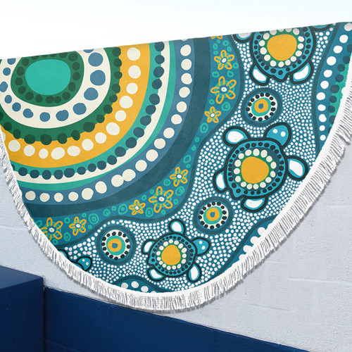 Australia Aboriginal Beach Blanket - Turquoise Aboriginal Dot Art With Turtle  Beach Blanket Australia Aboriginal Beach Blanket - Turquoise Aboriginal Dot Art With Turtle  Beach Blanket
