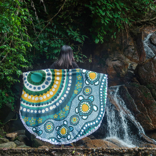 Australia Aboriginal Beach Blanket - Turquoise Aboriginal Dot Art With Turtle  Beach Blanket Australia Aboriginal Beach Blanket - Turquoise Aboriginal Dot Art With Turtle  Beach Blanket