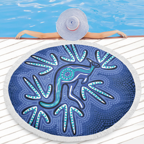 Australia Aboriginal Beach Blanket - Blue Aboriginal Style Of Dot Kangaroo Artwork  Beach Blanket