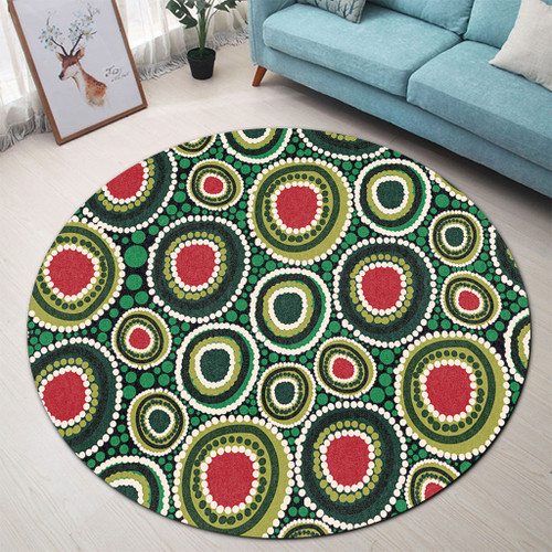 Australia Aboriginal Round Rug - Green Dot Art Circle Pattern From Aboriginal Art Round Rug