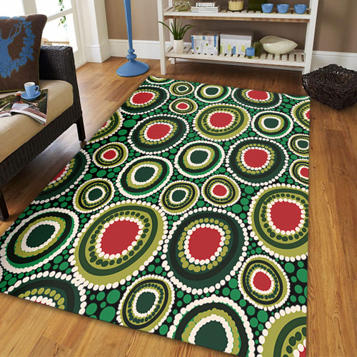 Australia Aboriginal Area Rug - Green Dot Art Circle Pattern From Aboriginal Art Area Rug