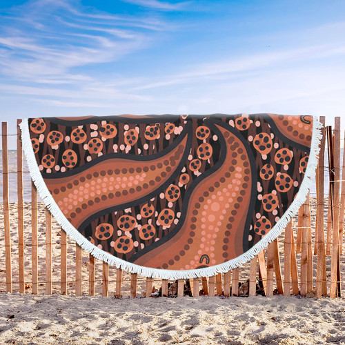 Australia Aboriginal Beach Blanket - Brown Background With An Aboriginal Art Style Beach Blanket Australia Aboriginal Beach Blanket - Brown Background With An Aboriginal Art Style Beach Blanket