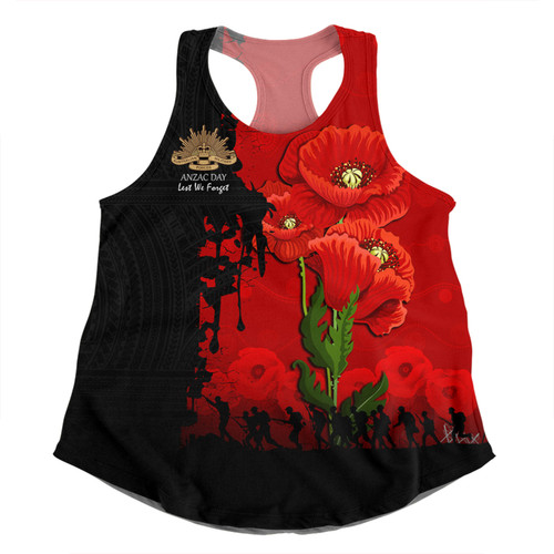 Australia Anzac Day Custom Women Racerback Singlet - Australian And New Zealand Warriorsers In Flanders Fields Poppy Flowers Women Racerback Singlet