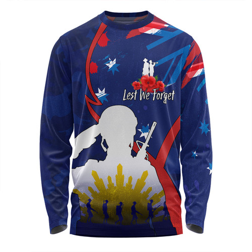 Australia Anzac Day Custom Long Sleeve T-shirt - Lest We Forget With Blue Camouflage Pattern Long Sleeve T-shirt