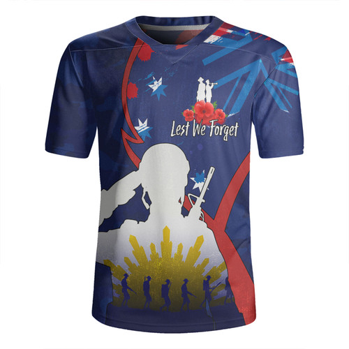 Australia Anzac Day Custom Rugby Jersey - Lest We Forget With Blue Camouflage Pattern Rugby Jersey
