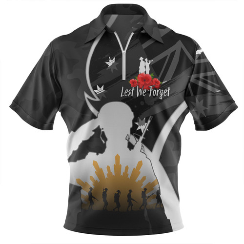 Australia Anzac Day Custom Zip Polo Shirt - Lest We Forget With Black Camouflage Pattern Zip Polo Shirt